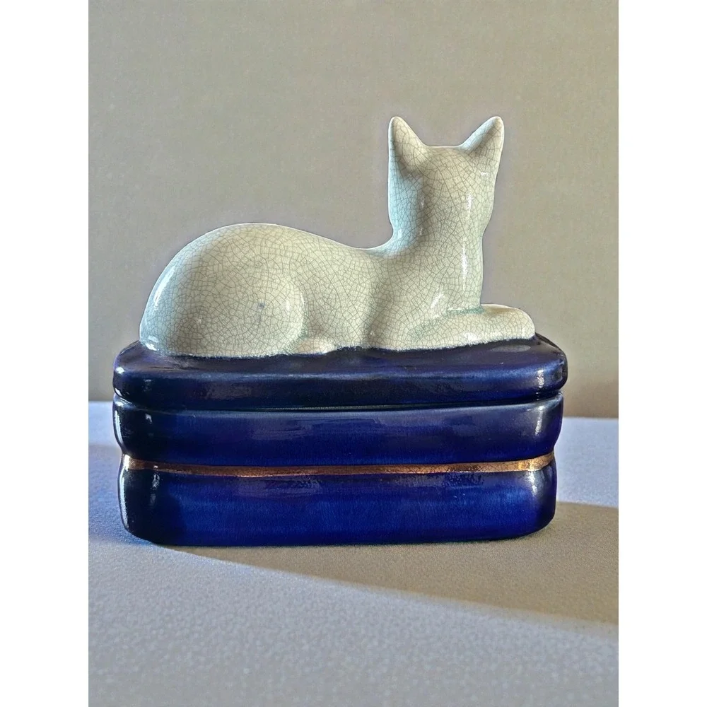 Takahashi Porcelain Crackle Green Cat Trinket Box‎ Colbalt Blue Japan Vintage